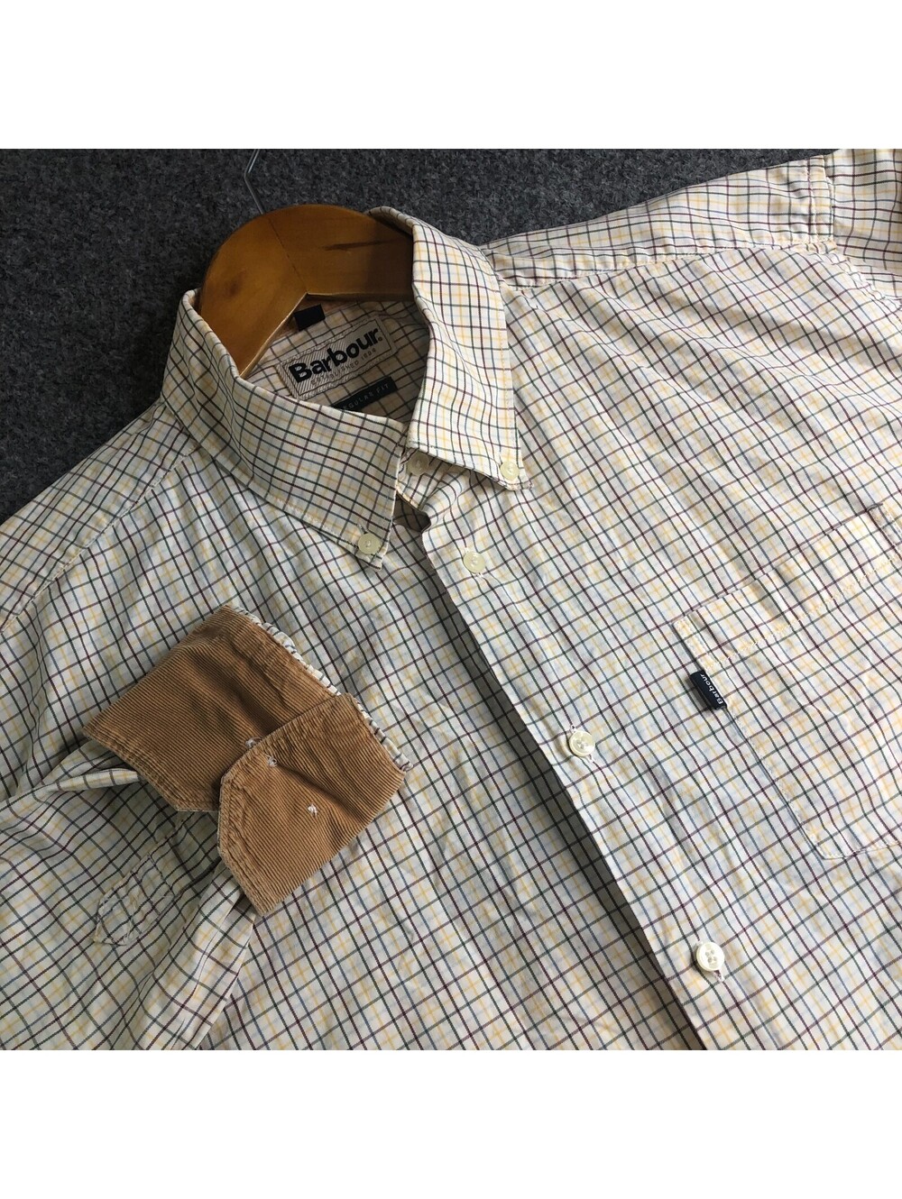 Barbour Shirt Mens Large White Check Long Sleeve Corduroy Flip Cuff Regular Fit